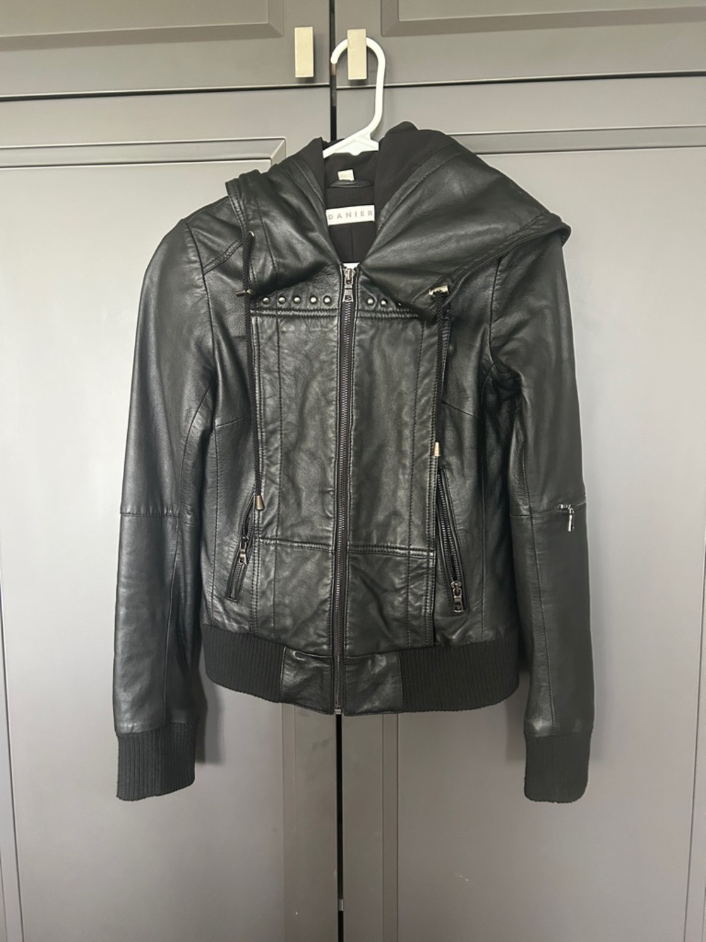Danier Black Leather Hooded Bomber Jacket -Excellent Condition